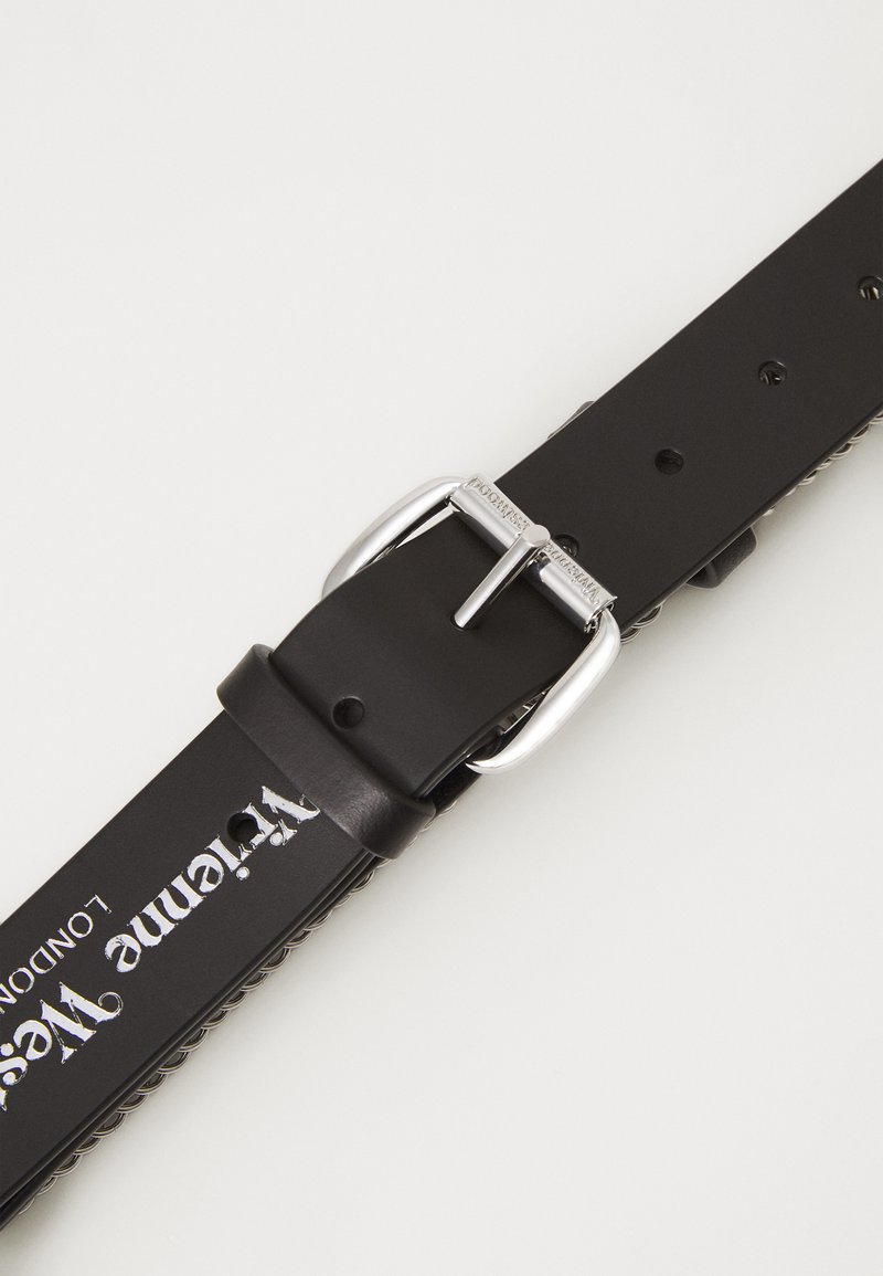 Black leather belt featuring a silver metal buckle with logo detail. The belt has punch holes for size adjustment and a smooth texture.