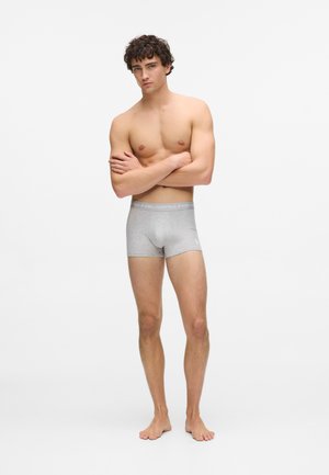 Boxer da uomo grigi in cotone con elastico in vita con logo. Il modello posa con le braccia incrociate, in piedi a piedi nudi contro uno sfondo bianco.