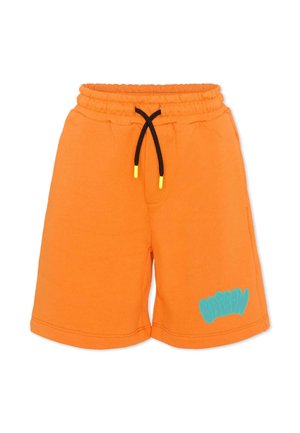 Shorts orange vif avec ceinture élastique, cordon noir avec embouts jaunes, et texte bleu « BARROW » sur la jambe gauche.