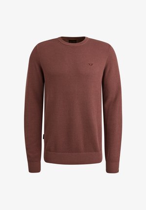 Maglione marrone con texture, maniche lunghe, scollo rotondo e polsini e orlo a coste. Presenta un piccolo logo sul petto.