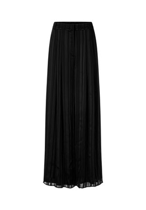 Black pleated maxi skirt with an elastic waistband, featuring vertical stripes and a flowing, lightweight fabric for ease of movement.
