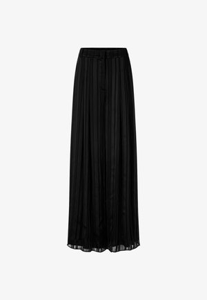 Black pleated maxi skirt with an elastic waistband, featuring vertical stripes and a flowing, lightweight fabric for ease of movement.