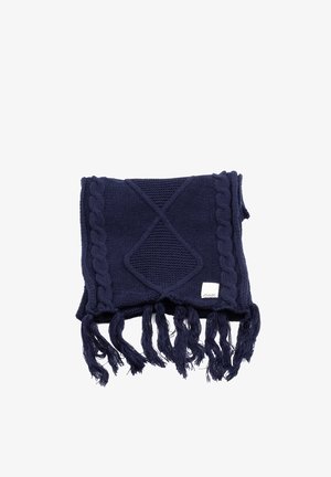 Sciarpa lavorata a maglia blu navy con motivo a trecce, finitura testurizzata e bordi con frange. Presenta una piccola etichetta del marchio in un angolo.