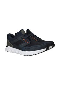 Navy blue athletic shoes with mesh and leather material, orange accents, and a textured sole. Features a padded tongue and contrasting gray heel.