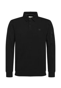 Zwarte lange mouwen polo shirt gemaakt van een katoenmix, met een klassieke kraag, een placket met drie knopen en een klein logo op de borst.