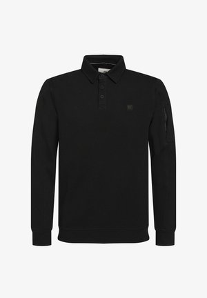 Schwarzes Langarm-Polohemd aus Baumwollmischung, mit klassischem Kragen, Knopfleiste mit drei Knöpfen und kleinem Logo auf der Brust.