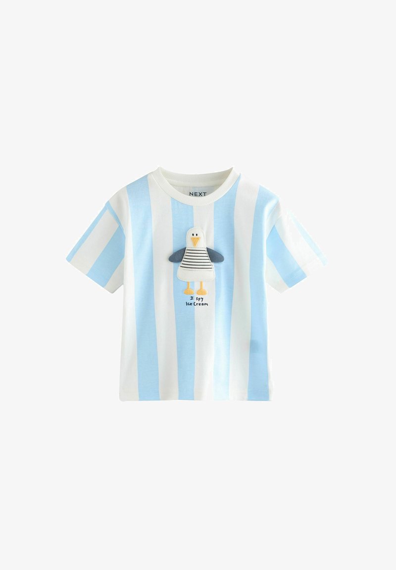 Chemise à manches courtes pour tout-petit avec des rayures verticales bleues et blanches et une application de mouette portant une chemise rayée avec texte "I spy Ice Cream."