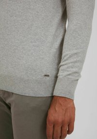 Lichtgrijze sweater van zacht materiaal. Heeft ribgebreide manchetten en zoom met een klein metalen logodetail linksonder.