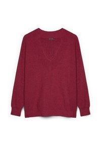 Maglione lavorato a maglia color bordeaux con scollo a V profondo, maniche lunghe e polsini a coste. Tessuto strutturato con vestibilità morbida. Design semplice.