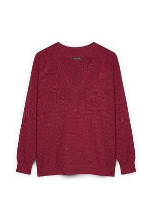 Maglione lavorato a maglia color bordeaux con scollo a V profondo, maniche lunghe e polsini a coste. Tessuto strutturato con vestibilità morbida. Design semplice.