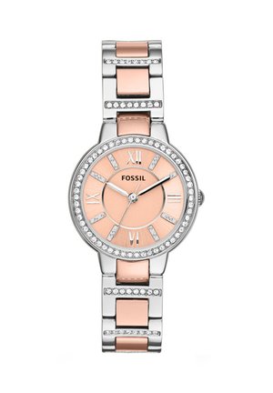 Ronde Fossil polshorloge met een roségouden wijzerplaat, kristallen uurmarkeringen, zilver en roségouden metalen schakelband met kristallen accenten.
