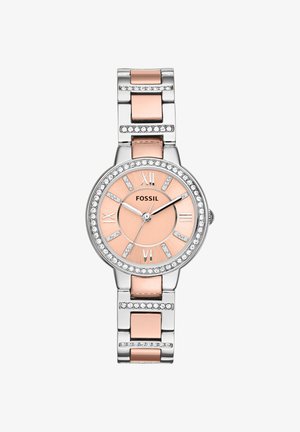 Montre-bracelet ronde Fossil avec cadran en or rose, index des heures en cristal, bracelet métallique argenté et or rose avec accents en cristal.