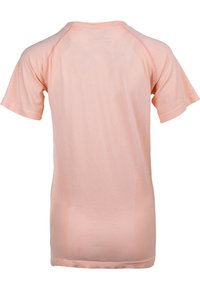 Vaaleanpunainen lyhythihainen T-paita, jossa on sileä rakenne, hienovaraiset kulutuskohdat ja raglan-hihat. Näyttää takakautta.