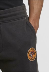 Pelēki sporta bikses ar izšūtu apaļu uzlīmi ar tīģera dizainu un tekstu "TRUE RELIGION TIGERS MFG", sānu kabatām un aukliņu jostasvietā.