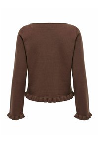 Pull court marron à manches longues avec bords volantés aux poignets et à l'ourlet, vu de dos sur un fond uni.