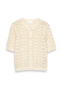 Cardigan a maglia color crema con maniche corte, chiusura con bottoni e motivo a lavorazione aperta in righe verticali a onde.