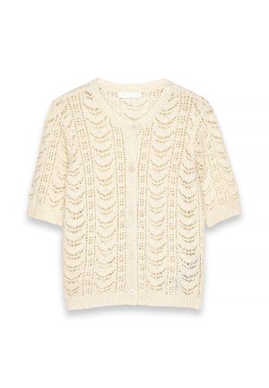 Cream-colored knit cardigan with short sleeves, button closure, and openwork pattern in vertical wave-like rows.