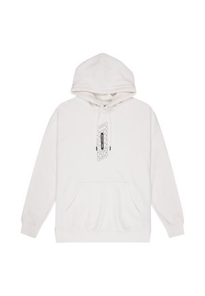 Weißer Kapuzenpullover aus Baumwollmischung. Verfügt über eine Kängurutasche vorne, eine Kapuze mit Kordelzug und einen schwarzen Grafikdruck auf der Brust.