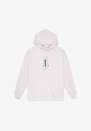 Biała bluza z kapturem wykonana z mieszanki bawełny. Posiada przednią kieszeń kangurkę, kaptur ze sznurkiem oraz czarny nadruk na piersi.