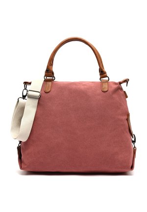 Bolso rectangular de lona rosa polvo con asas de cuero marrón y correa de hombro desmontable de color blanco roto, mostrado sobre un fondo blanco.