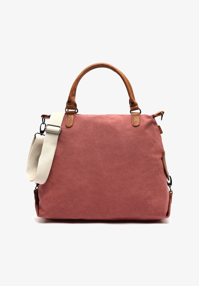 Sac à main rectangulaire en toile rose poussiéreuse avec des poignées en cuir marron et une bandoulière amovible écrue, présenté sur un fond blanc.