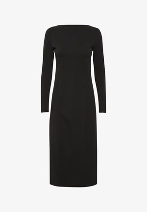 Čierne šaty s dlhým rukávom, rovného strihu, s hlbokým výstrihom a hladkou textúrou, vyrobené z pevnej, pružnej tkaniny. Žiadne viditeľné vzory ani akcenty.