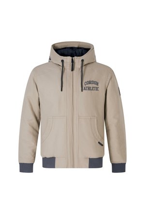 Beige hooded jacket with zip closure, gray accents, embroidered "CORDON ATHLETIC," two front pockets, and ribbed cuffs and hem.