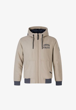 Beige hooded jacket with zip closure, gray accents, embroidered "CORDON ATHLETIC," two front pockets, and ribbed cuffs and hem.