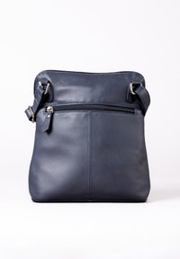 Navy leather crossbody bag with a zippered front pocket, rectangular shape, adjustable strap, and smooth texture.