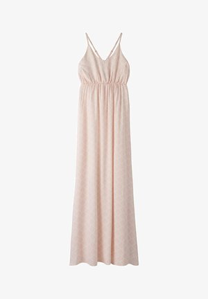 Robe maxi rose clair sans manches avec fines bretelles, taille élastique et motif géométrique subtil sur tout le tissu.