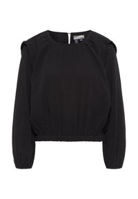 Zwarte blouse met een geraffineerde taille, lange mouwen en een subtiele textuur. Bevat een sleutelgatopening aan de achterkant en een ronde hals.