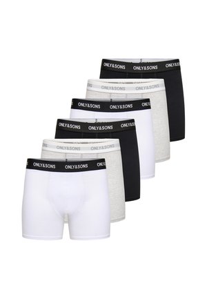 Sechs Herren-Boxershorts in Schwarz, Weiß und Grau, jeweils mit einem Bund, der mit "ONLY&SONS" in kontrastierender Farbe beschriftet ist.
