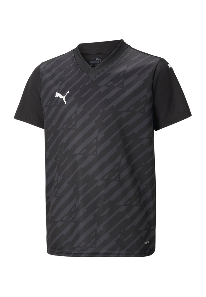 Camiseta atlética negra con cuello en V, que presenta un patrón texturizado de rayas diagonales. Logo mostrado en blanco en el pecho. Tejido suave.