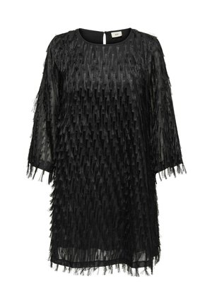 Must mustrid tekstuuriga fringi disainiga must kleit, millel on ümar kaelus ja kolmveerandvarrukad. Seljaosa võtmeaugu avamine sulgemiseks.