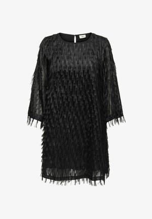 Black dress with a textured fringe design, featuring a round neckline and three-quarter sleeves. Back keyhole opening for closure.