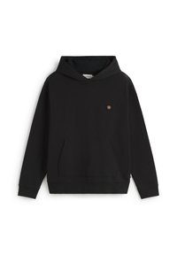 Čierna mikina s kapucňou vyrobená z mikinového materiálu, s predným klokanským vreckom a malou nášivkou s logom na hrudi. Mäkká textúra.