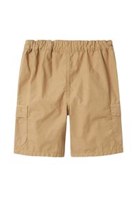 Shorts cargo en khaki avec un waistband élastique, comportant des poches latérales, une texture lisse et une coupe décontractée. Design simple sans motifs.