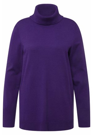 Pull en col roulé violet en doux tissu, avec des manches longues et des accents texturés aux poignets et à l'ourlet.