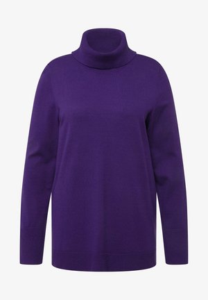 Jersey de cuello alto morado hecho de una tela suave, con mangas largas y detalles texturizados en los puños y el dobladillo.