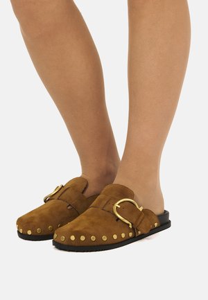 Piedi che indossano scarpe slip-on in suede marrone con borchie dorate e grandi fibbie dorate su sfondo bianco.