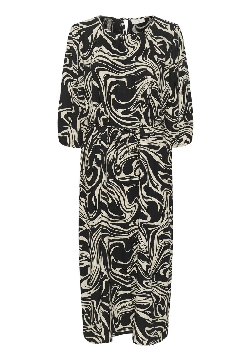 Robe à motifs tourbillonnants noir et crème avec des manches trois-quarts et une taille à cordon, présentant un détail à dos en trou de serrure.