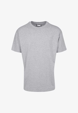 Graues T-Shirt mit kurzen Ärmeln aus einem Baumwollmix. Es verfügt über einen runden Ausschnitt und eine entspannte Passform ohne Muster oder Verzierungen.