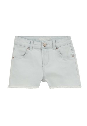 Pantaloni scurți din denim albastru deschis, cu tivuri sfâșiate, nasture frontal, bucle pentru curea și două buzunare frontale, cu eticheta Blue Ridge.