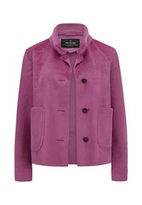 Pink soft-textured jacket with stand collar, three front buttons, and two large front pockets, labeled "Milestone Handcrafted Design."