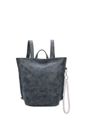 Dark gray faux leather backpack with two shoulder straps, top handle, zipper closure, and a side tassel detail. Smooth texture.