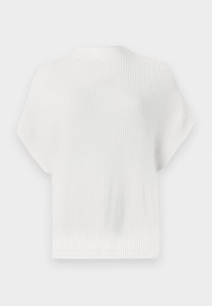 Bela pletena jopica, kratki rokavi, teksturirano rebrasto blago, okrogli izrez, krajša dolžina, z diskretnim logotipom na hrbtni strani.