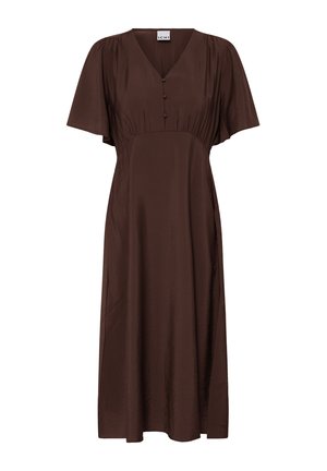 Robe midi marron avec col en V, manches courtes volantées, taille cintrée et trois boutons recouverts de tissu à l'avant.