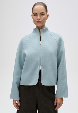 Donna che indossa una giacca azzurro chiaro con zip, colletto alto e maniche larghe, abbinata a pantaloni scuri a vita alta, su sfondo chiaro.