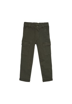 Cargo-Hosen in dunkelgrün, aus einer Baumwollmischung. Mit elastischem Bund und Kordelzug, mehreren Seitentaschen und hochgekrempelten Säumen.