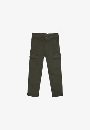 Cargo shorts in donkergroen, gemaakt van een katoenmix. Kenmerken zijn een elastische tailleband met koord, meerdere zijzakken en opgerolde manchetten.